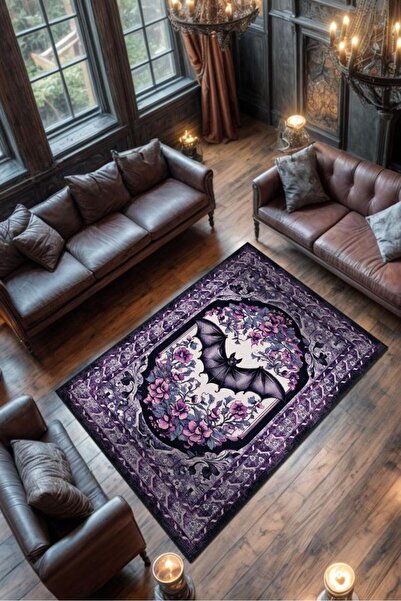 Homshtag Mor Gotik Yarasa Desenli Korku Temalı Salon Halısı Mor Renk Halı Got...
