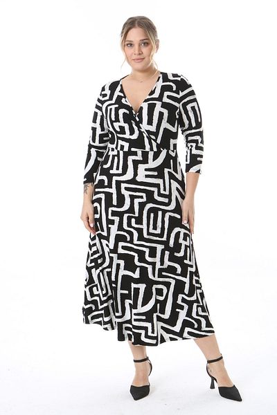 Madwilo Women's Black and White Tie Dye Geometric Pattern Maxi Length Double Breasted Lapel Long Sleeve Plus Size Dress