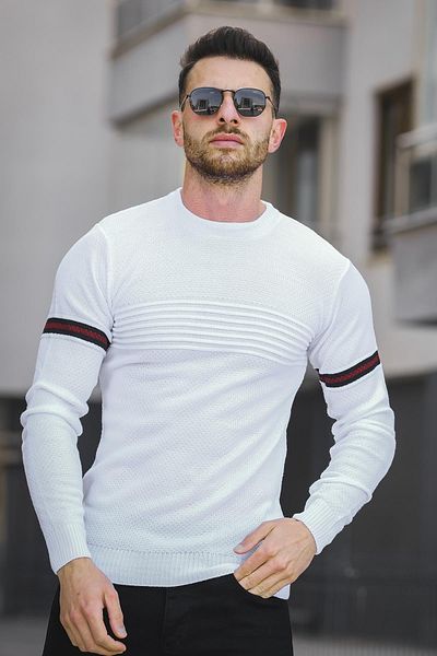 Oksit Ανδρικό πουλόβερ Seka 823 Crew Neck Sleeve Stripe Slim Fit