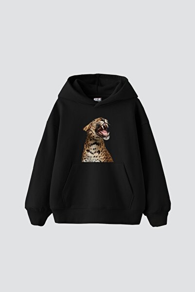 Bak Moda هودي أسود فاخر للجنسين مطبوع عليه صورة ظلية ليوبارد
