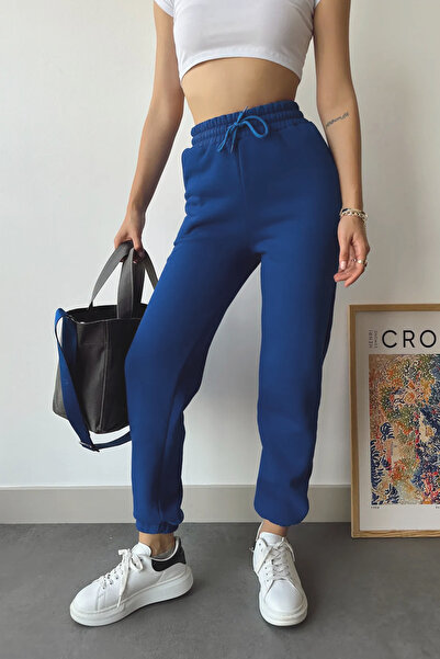 schlank Kadın İndigo Mavi Kışlık Kalın İçi Polarlı Yüksek Bel Paçası Lastikli Basic Jogger Eşofman Altı