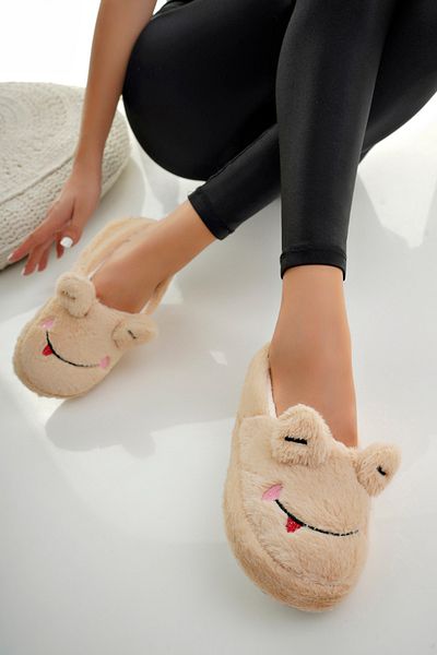 StWenn Women's Slippers - Plush Slippers, Home Flats, Frog Figured, Cream Color