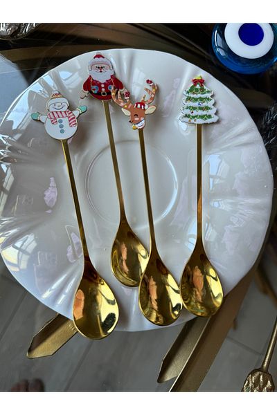 Hatice sakallı design New Year Themed Snowman Deer Tree Santa Claus Set of 4 Coffee Nescafe Dessert Spoon