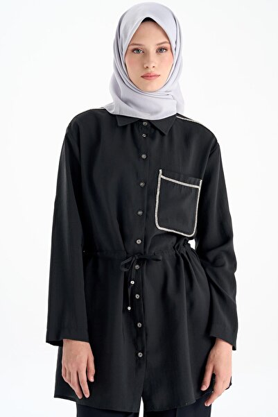 Tuğba Taş Şeritli Beli Bağlamalı Tunik - Siyah