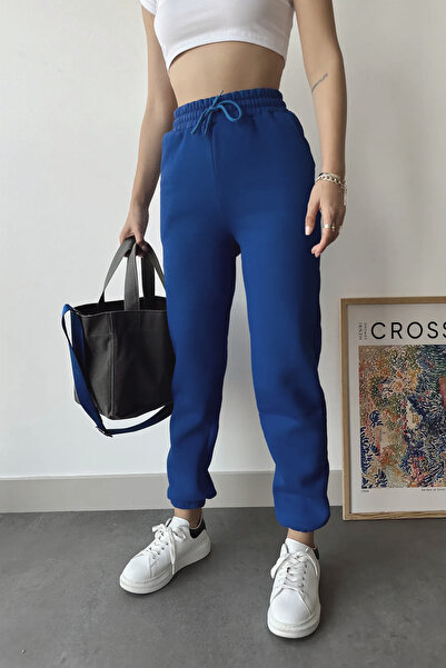 schlank Kadın İndigo Mavi Kışlık Kalın İçi Polarlı Yüksek Bel Paçası Lastikli Basic Jogger Eşofman Altı