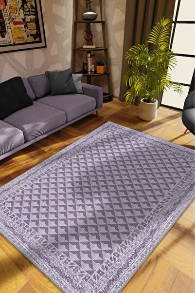 Homshtag Etnik Desenli Mor Renkli Halı Vintage Bordürlü Halı Geometrik Desenl...