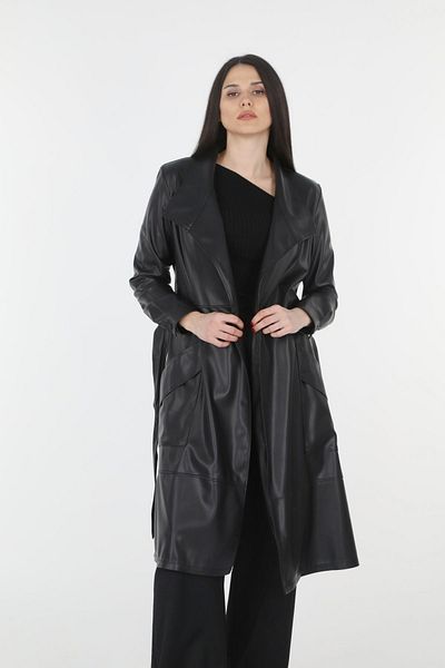 le mardi Belted Faux Leather Black Women's Trench Coat