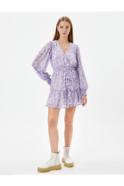 Koton Çiçekli Kruvaze Mini Elbise Tüllü Uzun Balon Kollu Fırfır Detaylı
