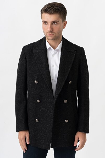 White Stone Trento K290 Kruvaze Yaka Slim Fit Pamuklu Kaban Siyah