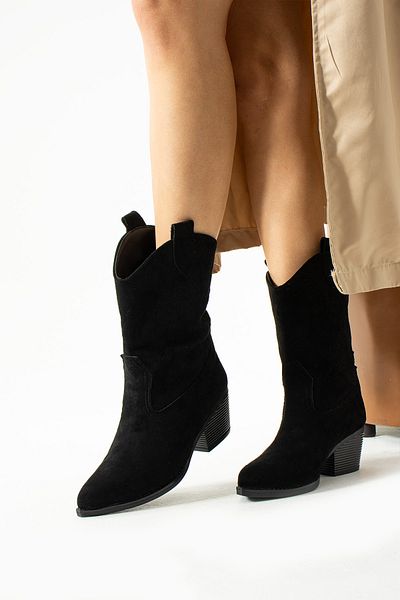 Moda Devrin Μαύρες σουέτ Western Short Cowboy Boots