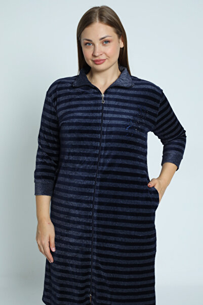 İntensive Φόρεμα μεγάλου μεγέθους από βαμβακερό βελούδο με μοτίβο σε μπλε ναυτικό μανίκι τριών τετάρτων