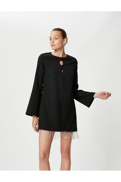 Koton Βραδινό φόρεμα Mini γυαλιστερό πέτρινο παράθυρο Λεπτομερές Ισπανικό μανίκι
