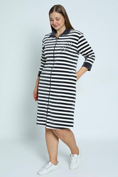 İntensive Women's Line Print Three Quarter Sleeve Stone Detail Cotton Velvet Plus Size Dress