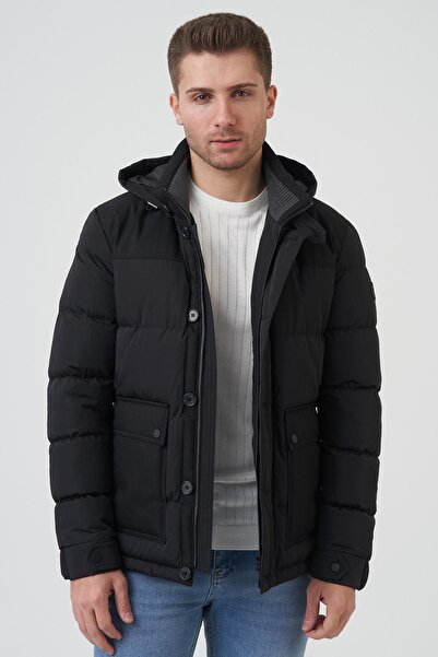 White Stone San Antonio 58167 Slim Fit Kapüşonlu Kaban Siyah