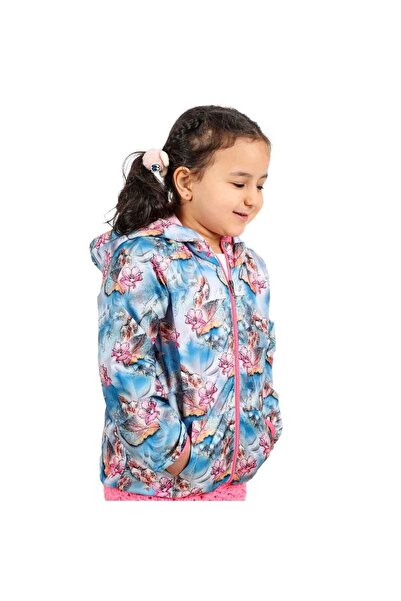 bebegen Girl's Blue Pink Floral Patterned Fleece Raincoat