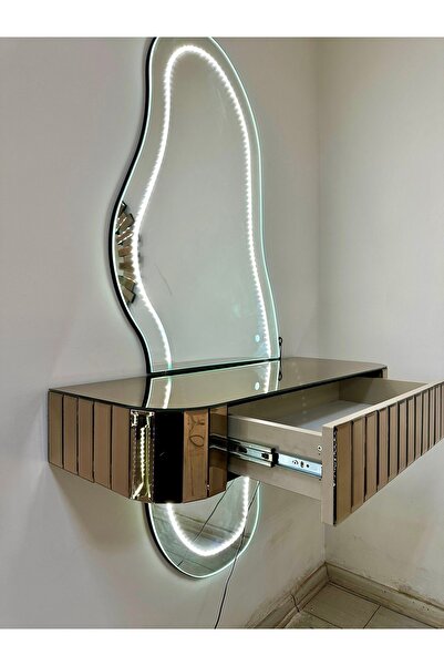 Ayna Dresuar takımı aynalı ledli **BRONZ KAPLAMALI ÇEKMECELİ** ayaksız modern dresuar lüx