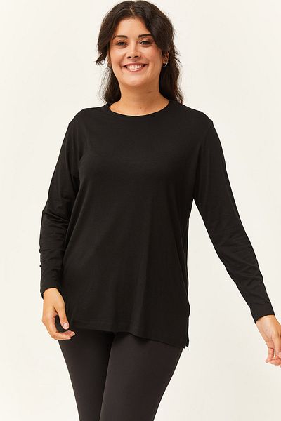 Ebsumu Women's Plus Size Black Blouse with Transparent Back Tulle Detail