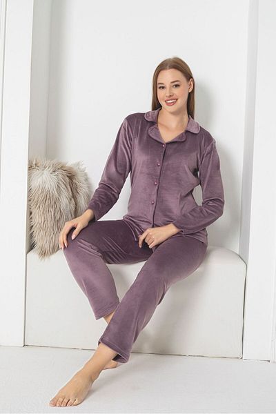 Asel Women's Velvet Pajama Set with Buttons
