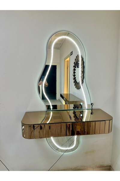 Ayna Dresuar takımı aynalı ledli **BRONZ KAPLAMALI ÇEKMECELİ** ayaksız modern dresuar lüx
