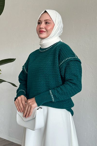 InStyle Petrol Green Raised Piping Detailed Sweater