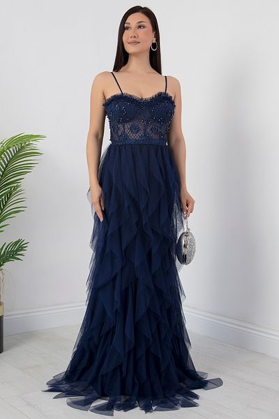 PULLIMM Beading Detail Straps Tulle Dress Ecr5034