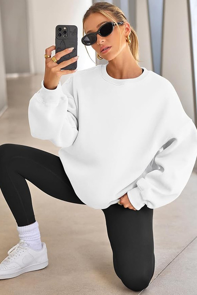 BLUETIFUL Hanorac oversize pentru damă cu guler rotund - ECRU