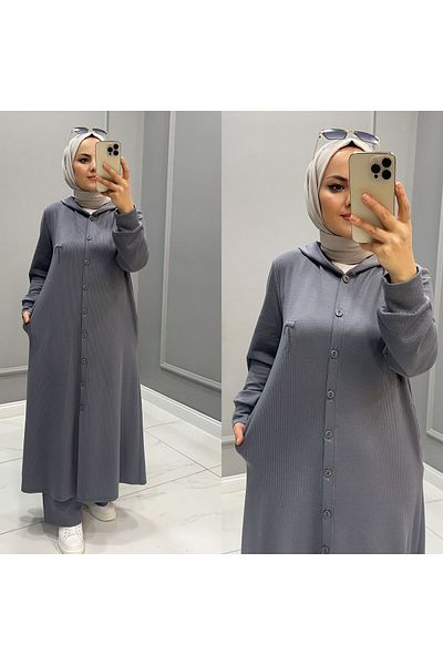 ERVA طقم كارديجان وبنطلون حجاب نسائي - قميص قصير بغطاء للرأس مع تفاصيل أزرار
