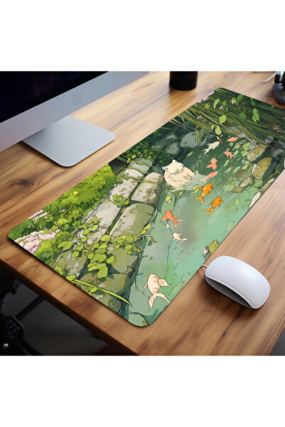 Choice وسادة ماوس بتصميم قطة وسمكة كرتونية لطيفة، لون أخضر، وسادة لوحة مفاتيح كمبيوتر كبيرة، مضادة للخدش، مقاس 31.4 × 15.7 بوصة (80 × 40 سم).