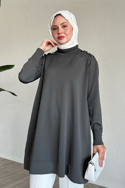 InStyle Pearl Detail Dark Gray Knitwear Sweater