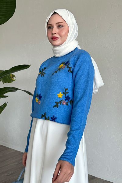 InStyle Blue Floral Embroidered Soft Sweater