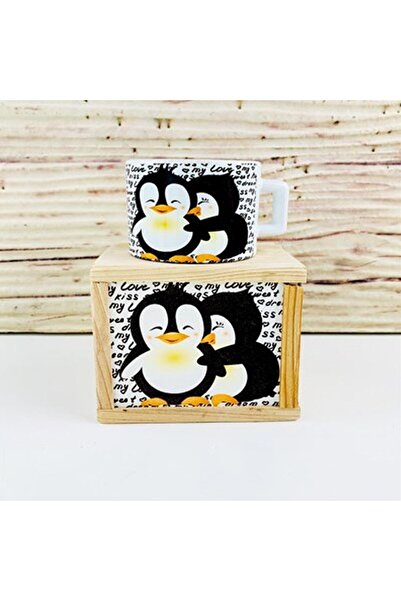 Gift Moda Ahşap Kutusunda Mutlu Aşıklar Penguen Tasarım Kupa Bardak