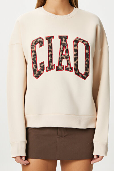 Ritnice Women's Ciao Embroidered Fleece Inside Leopard Beige Oversize Sweatshirt