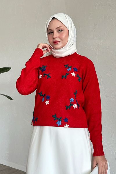 InStyle Red Floral Embroidered Soft Sweater