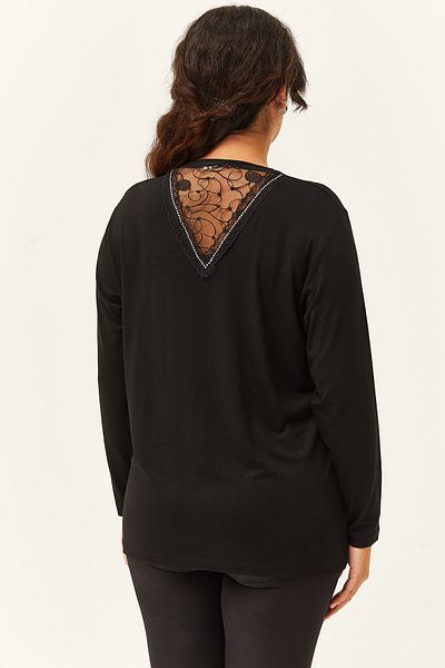 Ebsumu Women's Plus Size Black Blouse with Transparent Back Tulle Detail