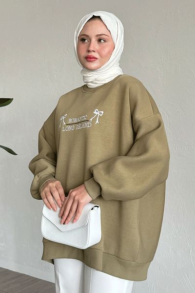 InStyle Khaki Color Bow Patterned Sweatshirt