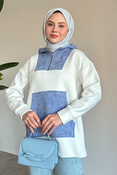 InStyle Kanguru Cepli Kapüşonlu Beyaz Sweat