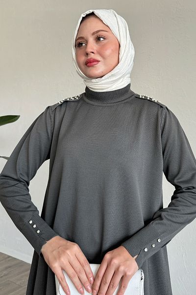 InStyle Pearl Detail Dark Gray Knitwear Sweater