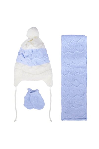 bebegen Baby Boy Blue White Wave Patterned Knitwear Scarf Beanie Set