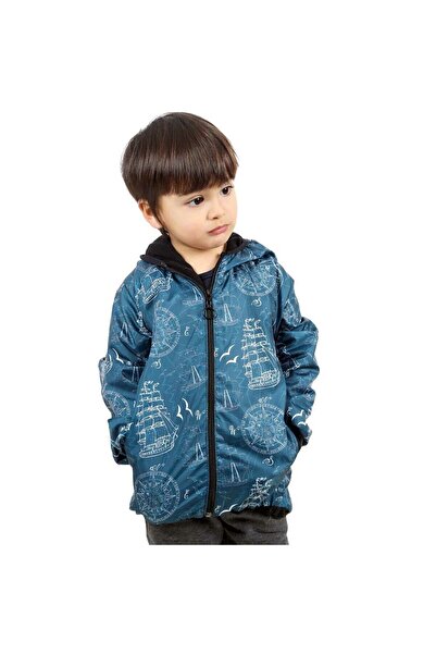 bebegen Boy's Blue Ship Patterned Fleece Raincoat
