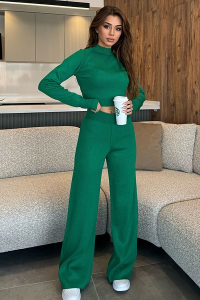 GÜLSELİ Green Women's Half Fisherman Knitted Crop Sweater Trousers Knitwear Top and Bottom Set