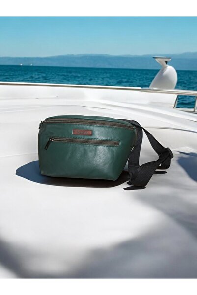 MEBES Hakiki Deri Koyu Yeşil Bel Çantası