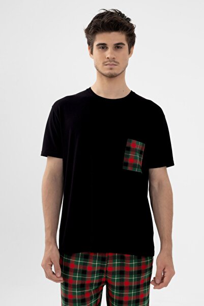 koza iç giyim Men's Short Sleeve Cotton Front Pocket Detailed Green - Red Plaid Patterned Pajama Set