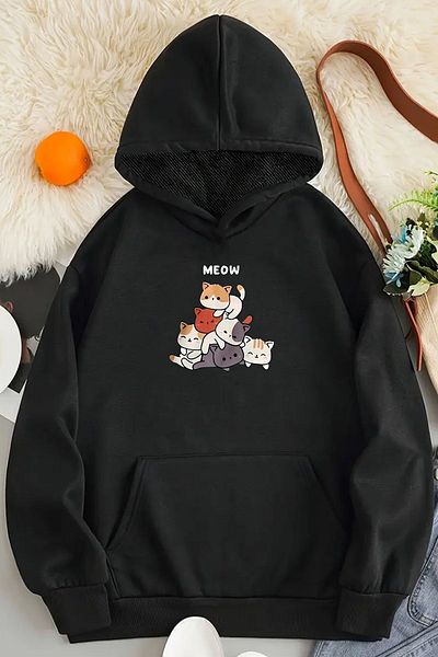 Moda Glo Hanorac oversize cu imprimeu Meow Sweet Cats