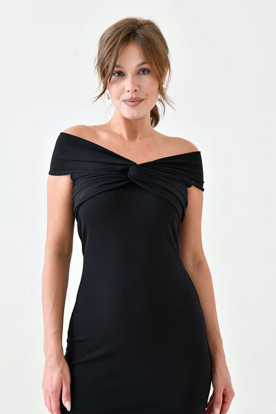 WOMAN VISION Černé dámské šaty midi délky z elastické látky - 5038