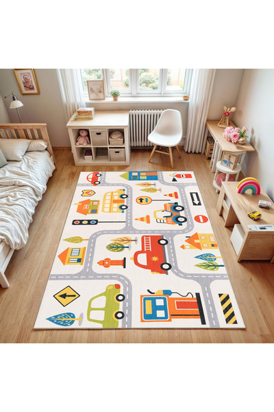 Rugs Modern Halı Asya Koleksiyonu Çok Renkli Arabalar ve Yol Desenli Dokuma T...