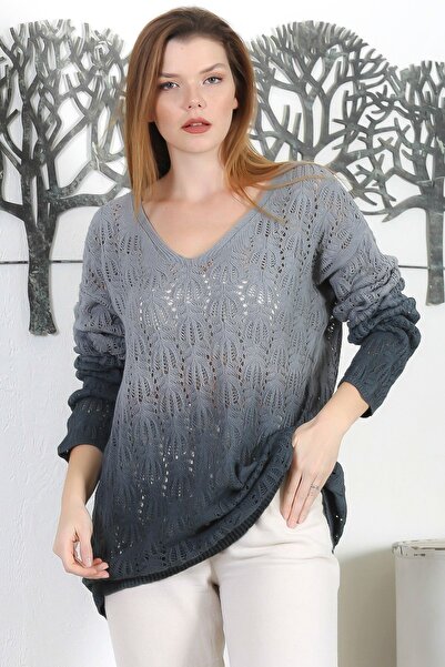 NUR TEKSTİL kadın gri Uzun Kol V Yaka  Renk Geçişli Casual Triko Kazak
