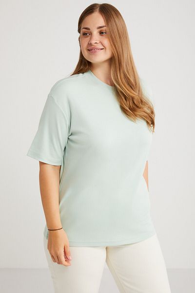 ETHIQUET Vıvıan Women - Light Green Oversize Cotton T-Shirt, Crew Neck, Plus Size