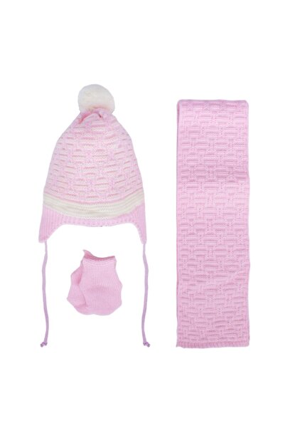 bebegen Kız Bebek Pembe Beyaz Karışık Çizgi Desenli Triko Atkı Bere Set