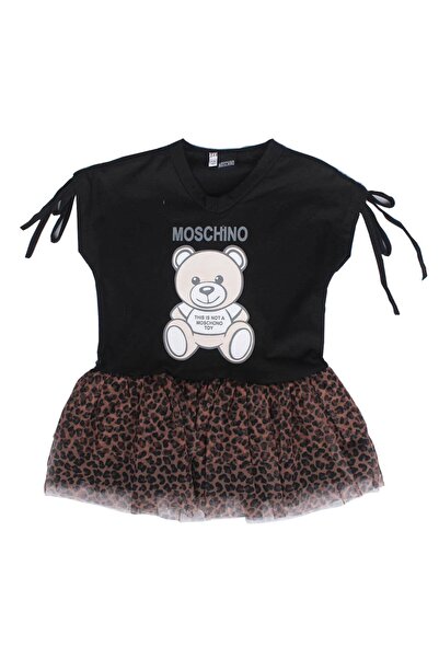 bebegen Girl's Black Tulle Leopard Print Teddy Bear Printed Dress