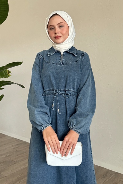 InStyle Tünel Kemerli Fermuarlı Mavi Kot Elbise
